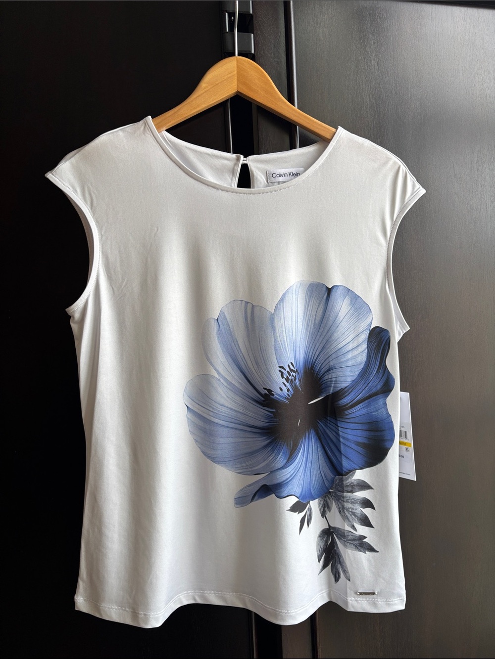 NWT size M. Calvin Klein White Tank with Blue Floral Graphic